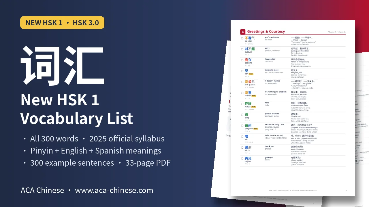 New HSK 1 Vocabulary List cover: all 300 words with pinyin, English and Spanish
