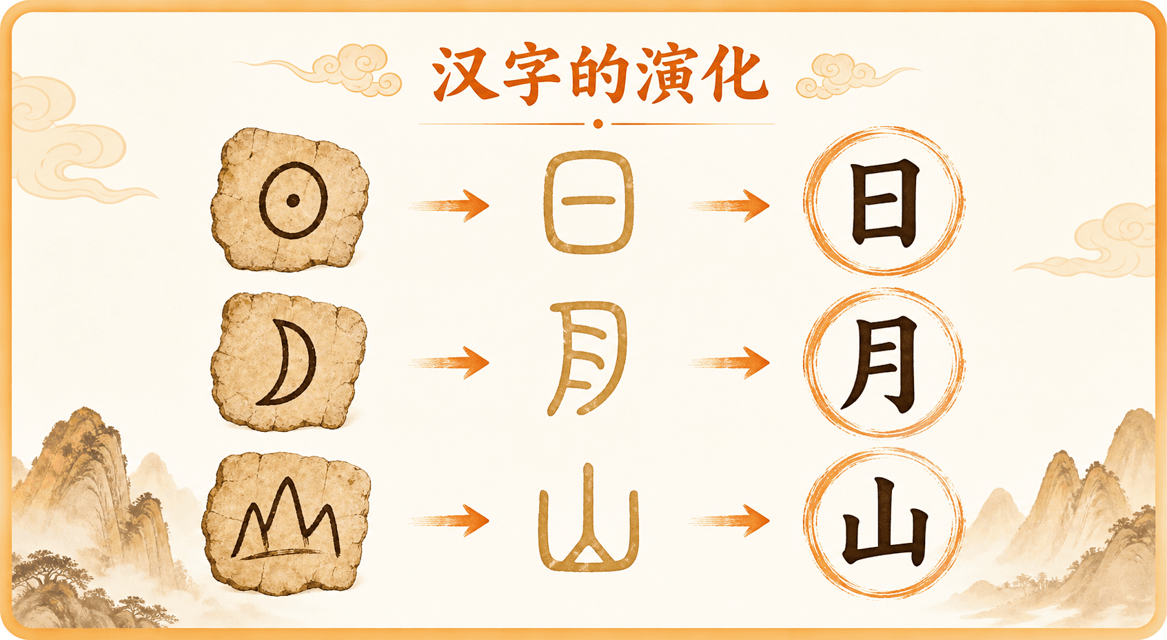 日、月、山三个汉字从图形到现代汉字的演化示意图